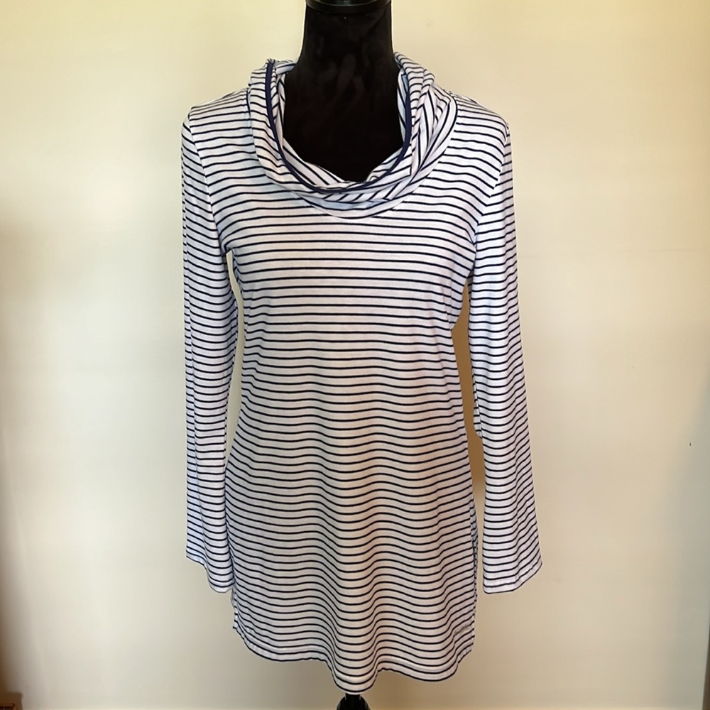 Beach Coverup with Hood. Striped Long Sleeve top. Above the knee length